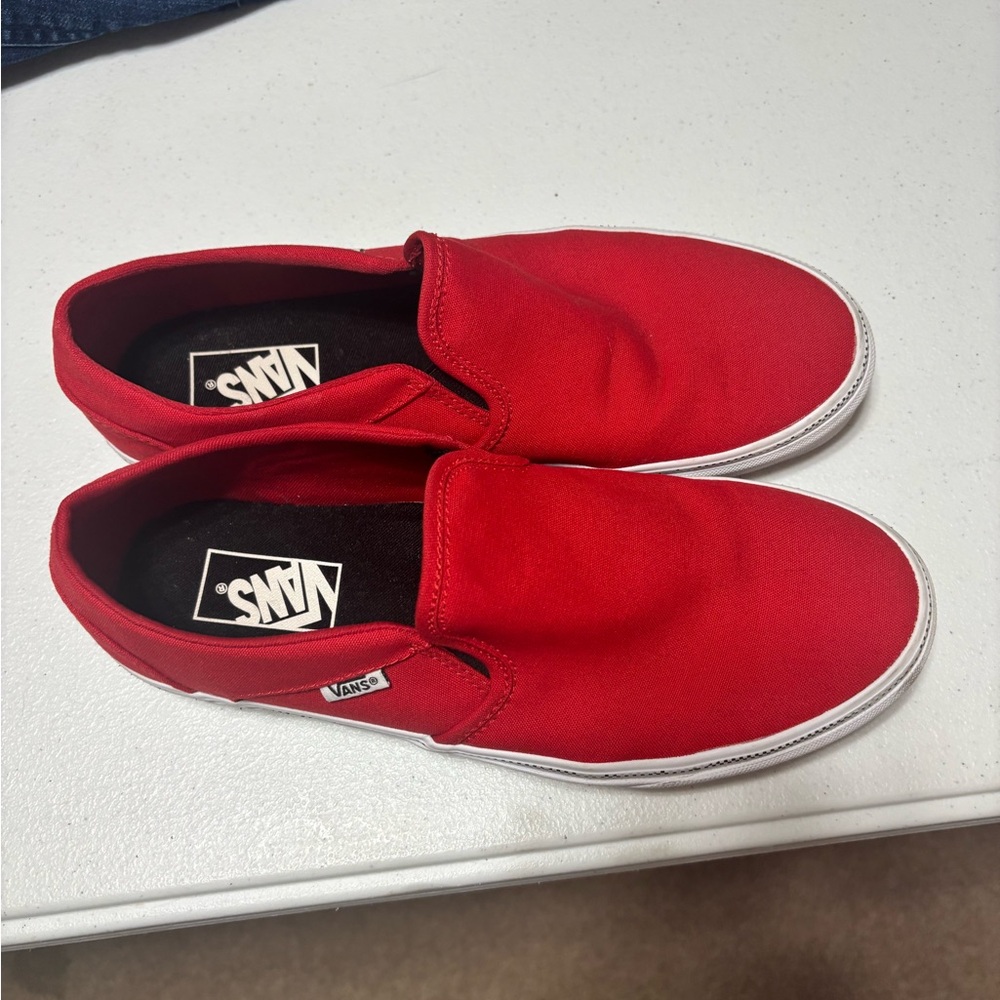 Vans White and Red Slip-On Shoes